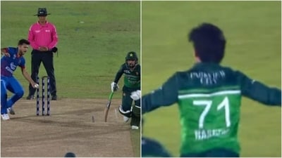 Fazalhaq Farooqi runs Shadab Khan out at non-striker's end; Naseem Shah celebrates after smashing winning runs vs Afghanistan (Twitter) Fazalhaq Farooqi runs Shadab Khan out at non-striker's end; Naseem Shah celebrates after smashing winning runs vs Afghanistan (Twitter)