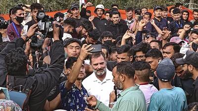 Congress leader Rahul Gandhi during an interaction with local youth in Kargil. (PTI) Congress leader Rahul Gandhi during an interaction with local youth in Kargil. (PTI)