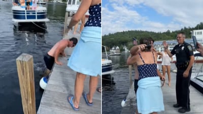 The image shows the woman hugging the man who recovered her lost phone from a lake in the US. (Facebook/@Sunapee Police Department) The image shows the woman hugging the man who recovered her lost phone from a lake in the US. (Facebook/@Sunapee Police Department)