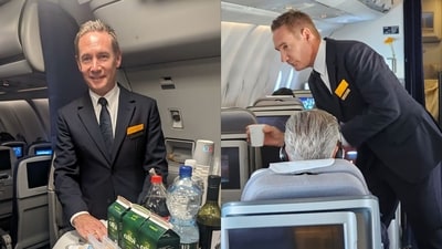 Lufthansa Airlines CEO Jens Ritter assisting passengers on a flight from Frankfurt to Riyadh. (LinkedIn/Jens Ritter) Lufthansa Airlines CEO Jens Ritter assisting passengers on a flight from Frankfurt to Riyadh. (LinkedIn/Jens Ritter)