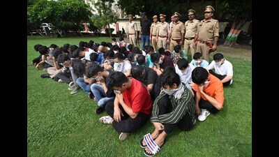 Of the 84 people arrested, 46 are men and 38 women, all natives of north-eastern states, said police. (Sunil Ghosh/Ht Photo) Of the 84 people arrested, 46 are men and 38 women, all natives of north-eastern states, said police. (Sunil Ghosh/Ht Photo)
