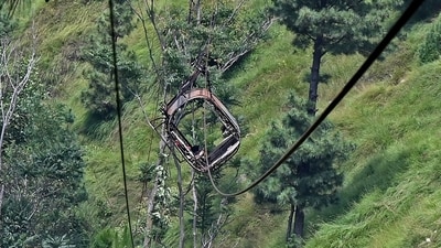 A view of the chairlift cable in the Pashto village of mountainous Khyber Pakhtunkhwa province on August 23, 2023, a day after it broke sending passengers plunging into a ravine. (AFP) A view of the chairlift cable in the Pashto village of mountainous Khyber Pakhtunkhwa province on August 23, 2023, a day after it broke sending passengers plunging into a ravine. (AFP)