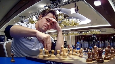 Norwegian Grandmaster and World No. 1 player Magnus Carlsen during the second tie-breaker match of the Chess World Cup 2023 final against Indian Grandmaster R Praggnanandhaa, in Baku. (PTI) Norwegian Grandmaster and World No. 1 player Magnus Carlsen during the second tie-breaker match of the Chess World Cup 2023 final against Indian Grandmaster R Praggnanandhaa, in Baku. (PTI)