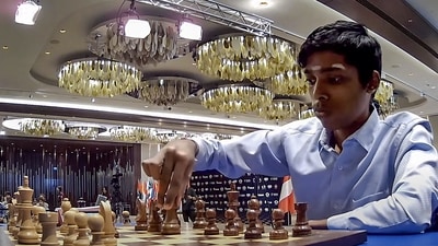 Indian Grandmaster R Praggnanandhaa during the second tie-breaker match of the Chess World Cup 2023 final against Norwegian Grandmaster and World No. 1 player Magnus Carlsen (PTI) Indian Grandmaster R Praggnanandhaa during the second tie-breaker match of the Chess World Cup 2023 final against Norwegian Grandmaster and World No. 1 player Magnus Carlsen (PTI)