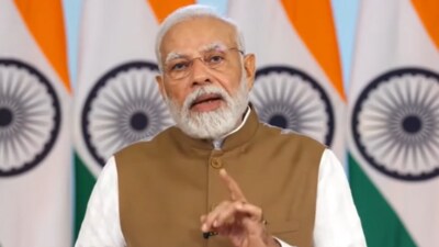 Prime Minister Narendra Modi during his virtual address to G20 representatives in Jaipur on Thursday. (HT Photo) Prime Minister Narendra Modi during his virtual address to G20 representatives in Jaipur on Thursday. (HT Photo)