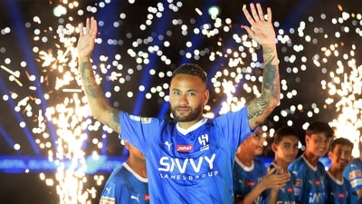 Al-Hilal's Neymar is presented to the fans inside the stadium before the match (REUTERS)