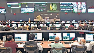 Scientists and engineers watch the live telecast of the Chandrayaan-3 lander Vikram's soft-landing on the moon's surface at Indian Space Research Organisation’s headquarters, in Bengaluru (Isro official) Scientists and engineers watch the live telecast of the Chandrayaan-3 lander Vikram's soft-landing on the moon's surface at Indian Space Research Organisation’s headquarters, in Bengaluru (Isro official)