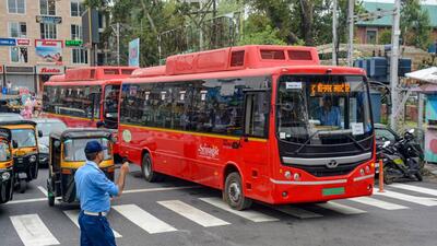 Smart buses plying during a trial in Srinagar . (PTI) Smart buses plying during a trial in Srinagar . (PTI)