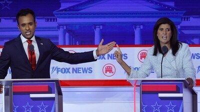 Former biotech executive Vivek Ramaswamy and former South Carolina Governor Nikki Haley debate each other at the first Republican candidates' debate of the 2024 U.S. presidential campaign in Milwaukee, Wisconsin, U.S. (Reuters)