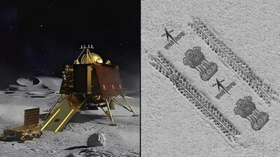 Chandrayaan 3 successful landing: Pragyan rover shown on the moon in the representational image (L), Illustrative image of Indian emblem and ISRO logo. (X @VertigoWarrior)