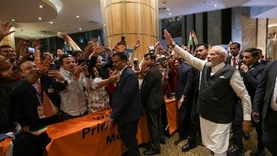 As India made history with Chandrayaan-3 landing on the lunar surface successfully, Prime Minister Narendra Modi greeted the members of the Indian diaspora who were gathered in a Johannesburg hotel on Wednesday. (Twitter) As India made history with Chandrayaan-3 landing on the lunar surface successfully, Prime Minister Narendra Modi greeted the members of the Indian diaspora who were gathered in a Johannesburg hotel on Wednesday. (Twitter)