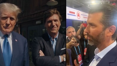 Donald Trump and Tucker Carlson (left) and Donald Trump Jr being denied entry into the spin room during the first GOP debate Donald Trump and Tucker Carlson (left) and Donald Trump Jr being denied entry into the spin room during the first GOP debate