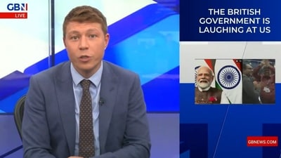 UK news presenter Patrick Christys during his show on the historic Chandrayaan-3 mission. (X/@PatrickChristys) UK news presenter Patrick Christys during his show on the historic Chandrayaan-3 mission. (X/@PatrickChristys)