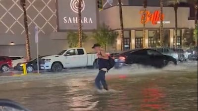 Severe storms and flash-flood warnings hit Las Vegas, causing flooding and damage on the Strip. (X/WeatherNation) Severe storms and flash-flood warnings hit Las Vegas, causing flooding and damage on the Strip. (X/WeatherNation)