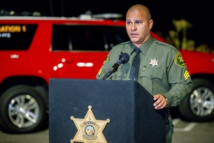 Sgt. Frank Gonzalez, spokesman for the Orange County Sheriff's Office, speaks briefly to reporters Wednesday night, Aug. 23, 2023, in Lake Forest, Calif., after the shooting at Cook's Corner, a biker bar in Trabuco Canyon. (Leonard Ortiz/The Orange County Register via AP) (AP) Sgt. Frank Gonzalez, spokesman for the Orange County Sheriff's Office, speaks briefly to reporters Wednesday night, Aug. 23, 2023, in Lake Forest, Calif., after the shooting at Cook's Corner, a biker bar in Trabuco Canyon. (Leonard Ortiz/The Orange County Register via AP) (AP)