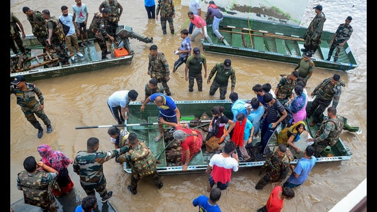 Indian Army personnel rescue people stuck in the flood-affected area. (PTI File)