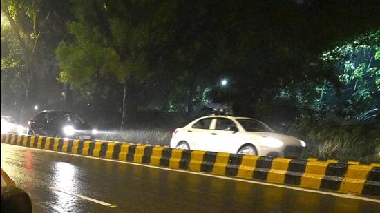New Delhi, India - July 8, 2023: Pothole on Sardar Patel marg in New Delhi, India, on Saturday, July 8, 2023. (Photo by Sanchit Khanna/ Hindustan Times)