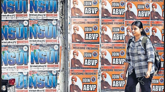 Posters and banners by various student outfits have come up across the North Campus. (Sanjeev Verma/HT Photo)