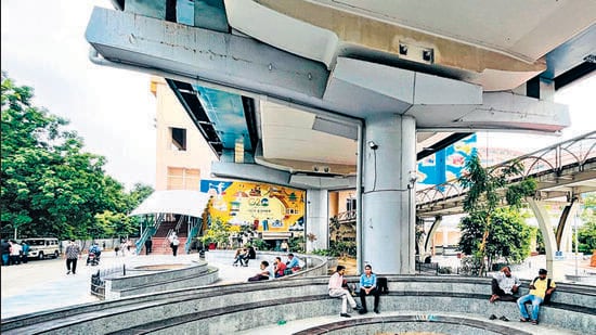 The plaza, construction of which began in April this year, will be ready by the end of the month, a DMRC official said (HT Photo)