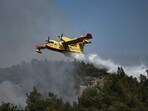 Canadair amphibious aircraft, droping water over wildfires spreading in Dadia forest near Alexandroupoli, north Greece, Canadair amphibious aircraft, droping water over wildfires spreading in Dadia forest near Alexandroupoli, north Greece,
