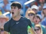 Carlos Alcaraz reacts during the men's singles final of the Western & Southern Open at Lindner Family Tennis Center on August 20, 2023 in Mason, Ohio.