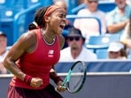 Coco Gauff, of the United States, celebrates after winning a point against Iga Swiątek, of Poland, in their semifinal match at the Western & Southern Open