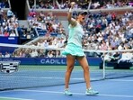 Iga Swiatek, of Poland, reacts after a point against Ons Jabeur, of Tunisia, during the women’s singles final of the U.S. Open tennis championships, Sept. 10, 2022
