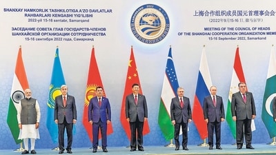 Prime Minister Narendra Modi with members of the Shanghai Cooperation Organisation in Samarkand, Uzbekistan, last year. (PTI) Prime Minister Narendra Modi with members of the Shanghai Cooperation Organisation in Samarkand, Uzbekistan, last year. (PTI)