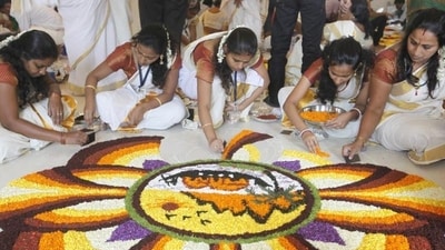 Onam pookalam is a floral decoration that is made in front of homes to welcome the king’s spirit. (HT File Photo) Onam pookalam is a floral decoration that is made in front of homes to welcome the king’s spirit. (HT File Photo)