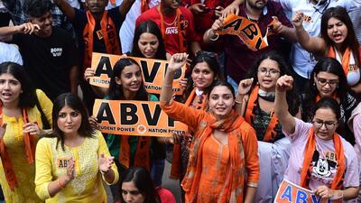 ABVP supporters during a campaign rally ahead of the student council elections at the Student Centre, Panjab University/ (Ravi Kumar/HT) ABVP supporters during a campaign rally ahead of the student council elections at the Student Centre, Panjab University/ (Ravi Kumar/HT)