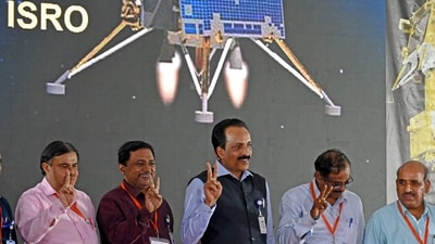 ISRO chairman . Somanath with others show a victory sign after the successful soft-landing Chandrayaan-3 lander Vikram on the surface of Moon in Bengaluru on Wednesday. (ANI Photo) ISRO chairman . Somanath with others show a victory sign after the successful soft-landing Chandrayaan-3 lander Vikram on the surface of Moon in Bengaluru on Wednesday. (ANI Photo)