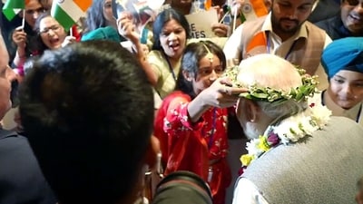 PM Modi received a rousing welcome upon his arrival at the Hotel Grande Bretagne with the Indian Community gathered at the hotel breaking out into chants of 'Bharat Mata ki Jai,' 'Modi, Modi.'&nbsp; (ANI )