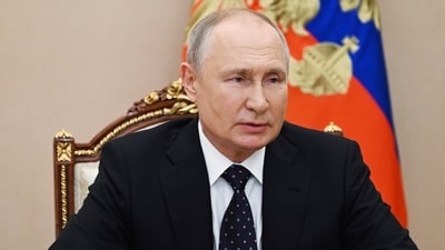 Russian President Vladimir Putin chairs a meeting with members of the Security Council via a video conference at the Kremlin in Moscow, Russia, Friday, Aug. 25, 2023. AP/PTI(AP08_25_2023_000201A) (AP) Russian President Vladimir Putin chairs a meeting with members of the Security Council via a video conference at the Kremlin in Moscow, Russia, Friday, Aug. 25, 2023. AP/PTI(AP08_25_2023_000201A) (AP)