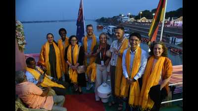 After the working sessions concluded on Friday, the delegates visited the Sant Ravidas Ghat for a cruise on the River Ganga. They, then, witnessed the grand Ganga Aarti. (HT Photo) After the working sessions concluded on Friday, the delegates visited the Sant Ravidas Ghat for a cruise on the River Ganga. They, then, witnessed the grand Ganga Aarti. (HT Photo)