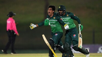 Pakistan's Naseem Shah and Haris Rauf (R) celebrate after Pakistan won by 1 wicket during the second one-day international (ODI) cricket match against Afghanistan (AFP) Pakistan's Naseem Shah and Haris Rauf (R) celebrate after Pakistan won by 1 wicket during the second one-day international (ODI) cricket match against Afghanistan (AFP)