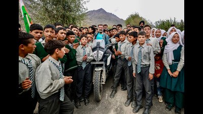 Congress leader Rahul Gandhi with school students during his visit to Ladakh. (PTI) Congress leader Rahul Gandhi with school students during his visit to Ladakh. (PTI)