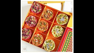 From rose to fruits and avacado to kesar, ghevar is available in various versions. (Photo: gur.chini/Instagram) From rose to fruits and avacado to kesar, ghevar is available in various versions. (Photo: gur.chini/Instagram)