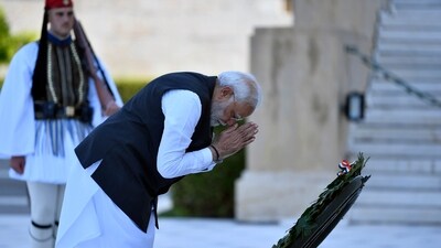 Prime Minister Narendra Modi lays a wreath at the Tomb of the Unknown Soldier in Athens, Greece, Friday. (AP)