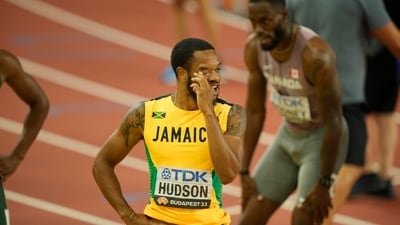 Andrew Hudson, of Jamaica, left, reacts after the finish in the Men's 200-meters semifinal during the World Athletics Championships in Budapest, Hungary (AP) Andrew Hudson, of Jamaica, left, reacts after the finish in the Men's 200-meters semifinal during the World Athletics Championships in Budapest, Hungary (AP)