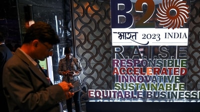 Delegates visit three-day B20 Summit India 2023 in New Delhi on August 25, 2023. (Photo by Arun SANKAR / AFP) (AFP)