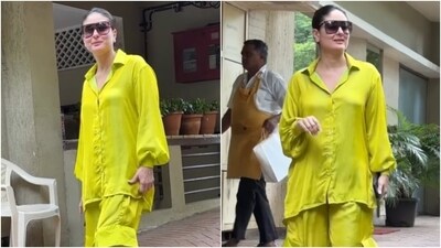 Kareena Kapoor once again displayed her casual styling prowess as she stepped out of her residence in Mumbai today. The paparazzi clicked Kareena outside her home dressed in a neon green satin shirt and parachute pants. It is the perfect Friday casual look. Scroll ahead to check out how she styled the ensemble. (HT Photo/Varinder Chawla) Kareena Kapoor once again displayed her casual styling prowess as she stepped out of her residence in Mumbai today. The paparazzi clicked Kareena outside her home dressed in a neon green satin shirt and parachute pants. It is the perfect Friday casual look. Scroll ahead to check out how she styled the ensemble. (HT Photo/Varinder Chawla)
