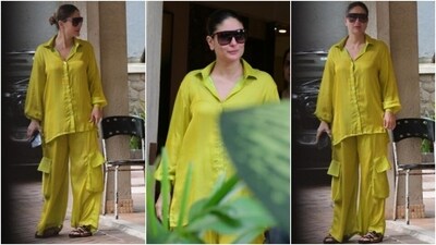 Kareena's neon green shirt features pointed collars, billowy full-length sleeves with closed cuffs, front button-up closures, and a relaxed fitting. She styled it with matching parachute pants featuring a baggy silhouette, side pockets, and floor-length hem. (HT Photo/Varinder Chawla) Kareena's neon green shirt features pointed collars, billowy full-length sleeves with closed cuffs, front button-up closures, and a relaxed fitting. She styled it with matching parachute pants featuring a baggy silhouette, side pockets, and floor-length hem. (HT Photo/Varinder Chawla)