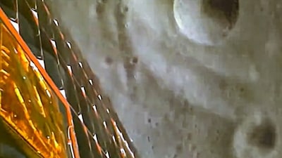 ISRO earlier released visuals of the August 23 soft landing of the Chandrayaan-3 lander Vikram on the moon’s surface, clicked by Chandrayaan-2’s Orbiter High-Resolution Camera. (PTI) ISRO earlier released visuals of the August 23 soft landing of the Chandrayaan-3 lander Vikram on the moon’s surface, clicked by Chandrayaan-2’s Orbiter High-Resolution Camera. (PTI)