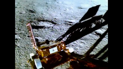 Rollout of rover of Isro's Chandrayaan-3 from the lander to the lunar surface, as observed by Lander Imager Camera, on Wednesday. (PTI) Rollout of rover of Isro's Chandrayaan-3 from the lander to the lunar surface, as observed by Lander Imager Camera, on Wednesday. (PTI)