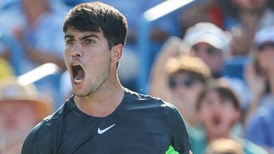 Carlos Alcaraz reacts during the men's singles final of the Western & Southern Open at Lindner Family Tennis Center on August 20, 2023 in Mason, Ohio. (Getty Images via AFP) Carlos Alcaraz reacts during the men's singles final of the Western & Southern Open at Lindner Family Tennis Center on August 20, 2023 in Mason, Ohio. (Getty Images via AFP)