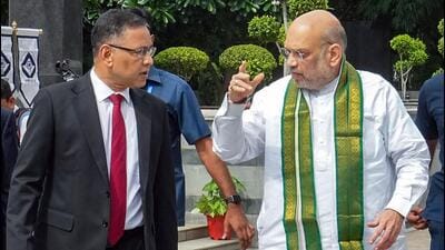 Union home minister Amit Shah and Intelligence Bureau (IB) director Tapan Deka at the IB headquarters for the National Security Strategy Conference on Thursday (PTI) Union home minister Amit Shah and Intelligence Bureau (IB) director Tapan Deka at the IB headquarters for the National Security Strategy Conference on Thursday (PTI)