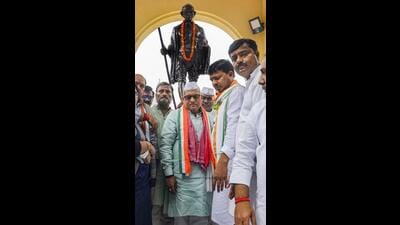 Uttar Pradesh Congress Committee president Ajay Rai after paying homage to Mahatma Gandhi, at Hazratganj in Lucknow, on Friday. (PTI)