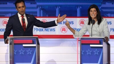 Republican presidential candidates, Vivek Ramaswamy (L) and former U.N. Ambassador Nikki Haley participate in the first debate of the GOP primary season hosted by FOX News at the Fiserv Forum on August 23, 2023 in Milwaukee, Wisconsin (Source: AFP) (Getty Images via AFP) Republican presidential candidates, Vivek Ramaswamy (L) and former U.N. Ambassador Nikki Haley participate in the first debate of the GOP primary season hosted by FOX News at the Fiserv Forum on August 23, 2023 in Milwaukee, Wisconsin (Source: AFP) (Getty Images via AFP)