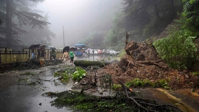 An uprooted tree that caused the blockage of a road being removed by the authority after heavy monsoon rainfall, in Shimla. (PTI) An uprooted tree that caused the blockage of a road being removed by the authority after heavy monsoon rainfall, in Shimla. (PTI)