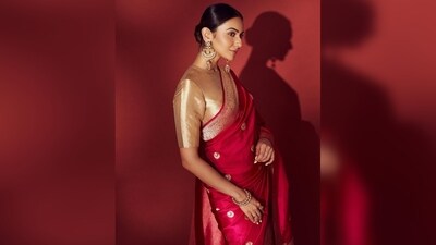 Rakul Preet's saree originates from the renowned Raw Mango brand's collection and holds a value of Rs. 79,800, according to the brand's official website. (Instagram/@rakulpreet) Rakul Preet's saree originates from the renowned Raw Mango brand's collection and holds a value of Rs. 79,800, according to the brand's official website. (Instagram/@rakulpreet)